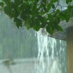Closeup of rain pouring out of gutters
