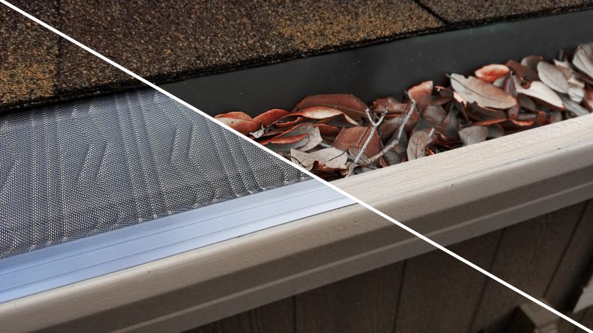 Cut away view of gutter with leaf guards