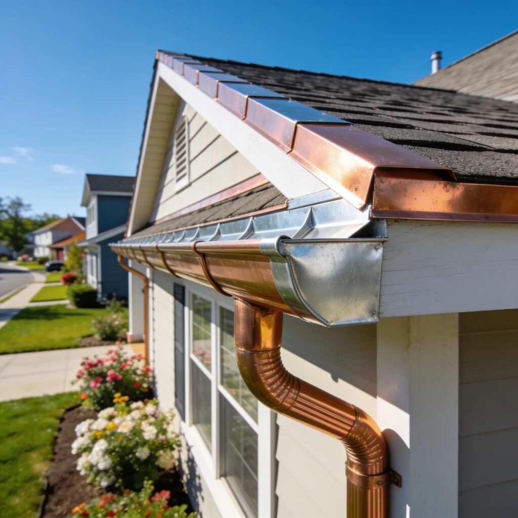 Newly installed rain gutters on a residential home showcasing various materials